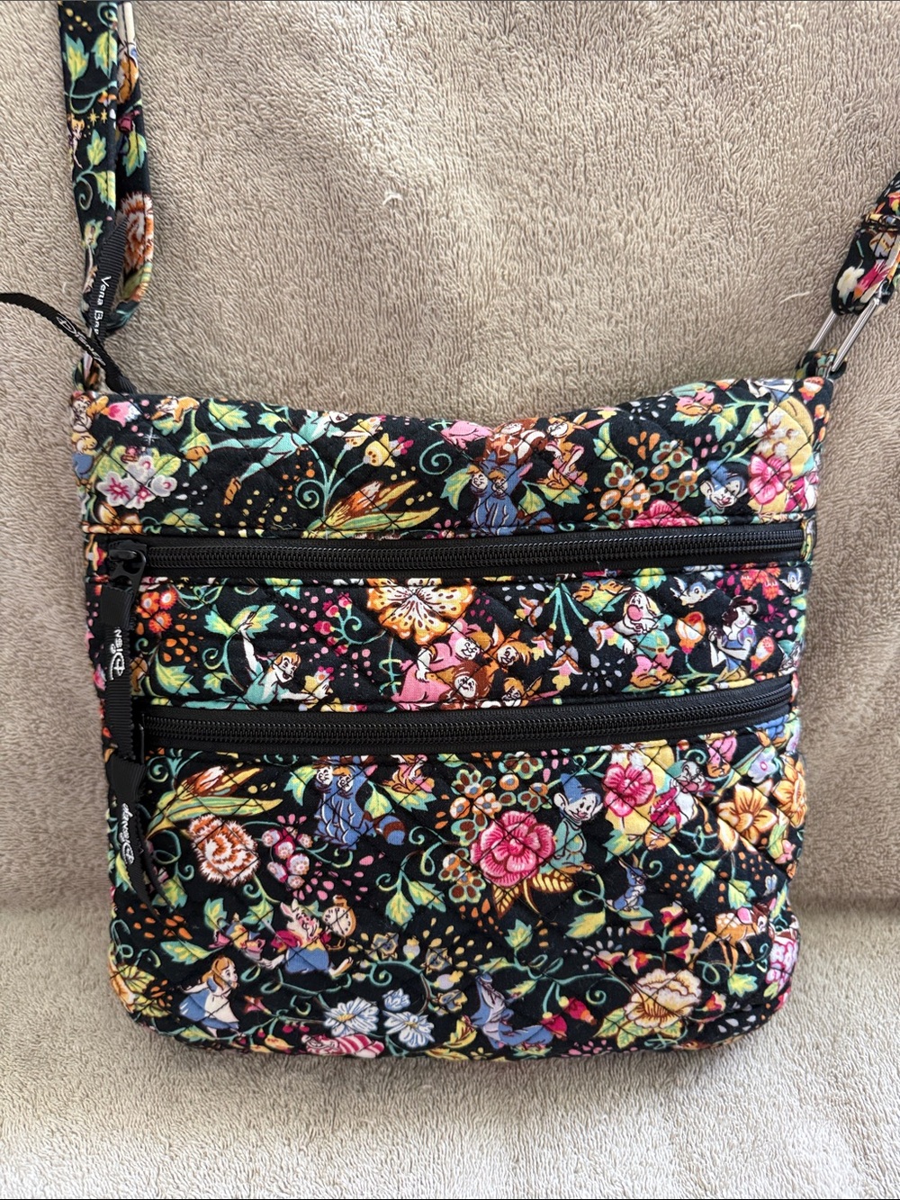 Disney Vera Bradley Black Multicolor Floral Triple-Zip Crossbody
